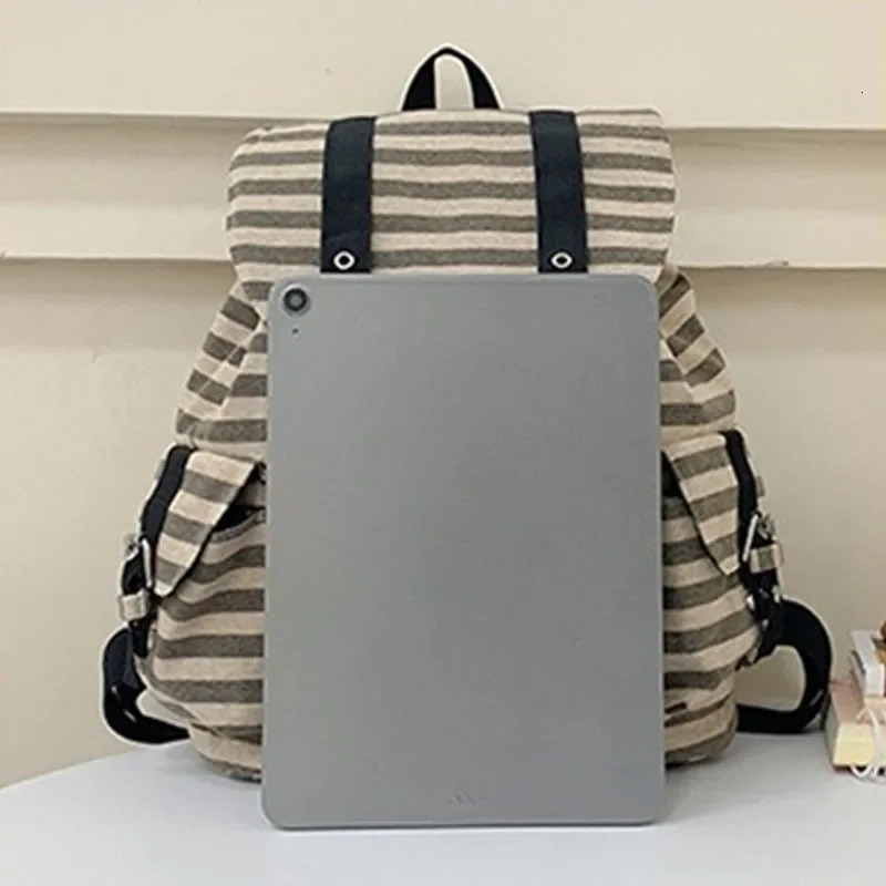 Korean Style Vintage Striped Backpack Y2k Casual Drawstring Student Bags Large Capacity Versatile Tote Kpop Womens Bag y260615 - view 6