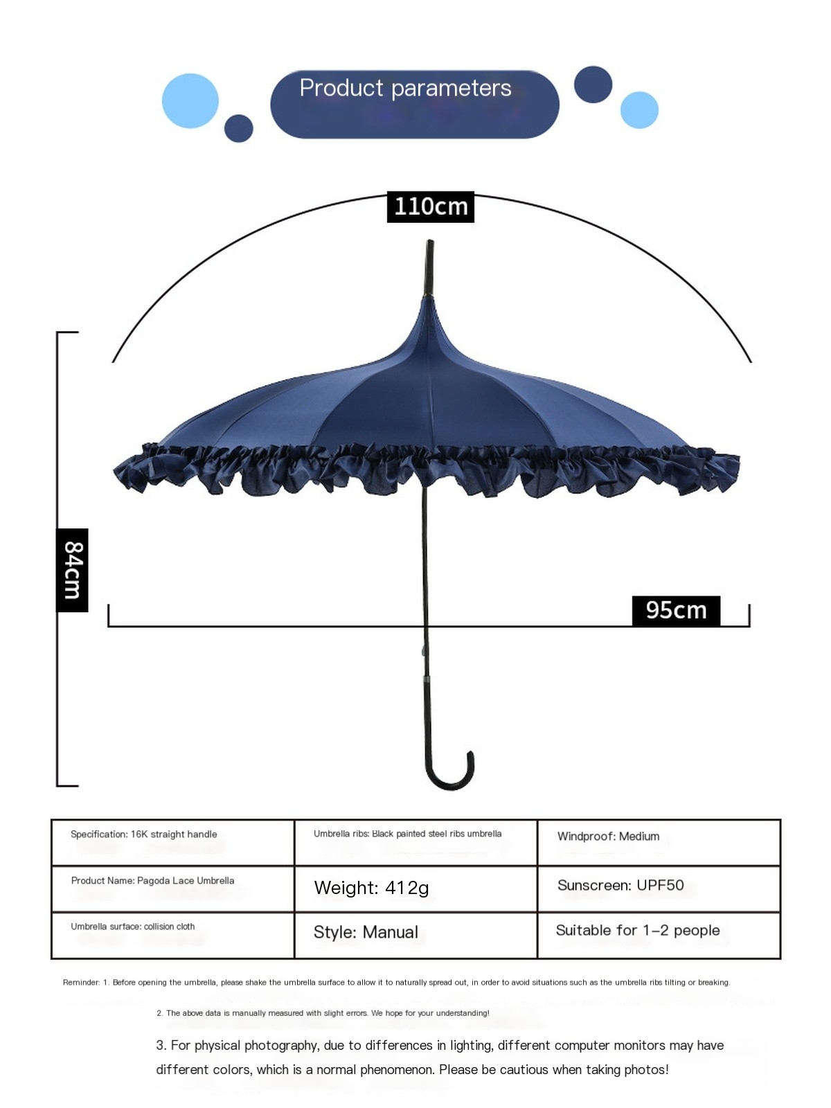 16 Ribs Frilly Ruffle Pagoda Umbrella, UPF50 Waterproof Straight Hook Handle Parasol Vintage Princess Sun Rain Umbrella for Wedding Photo & Daily Outd