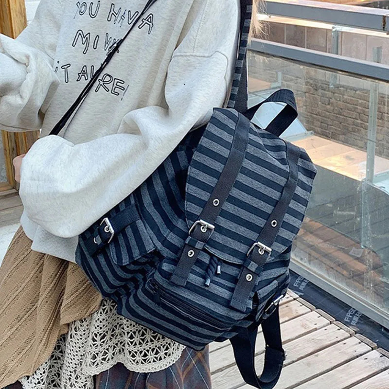 Korean Style Vintage Striped Backpack Y2k Casual Drawstring Student Bags Large Capacity Versatile Tote Kpop Womens Bag y260615 - view 5