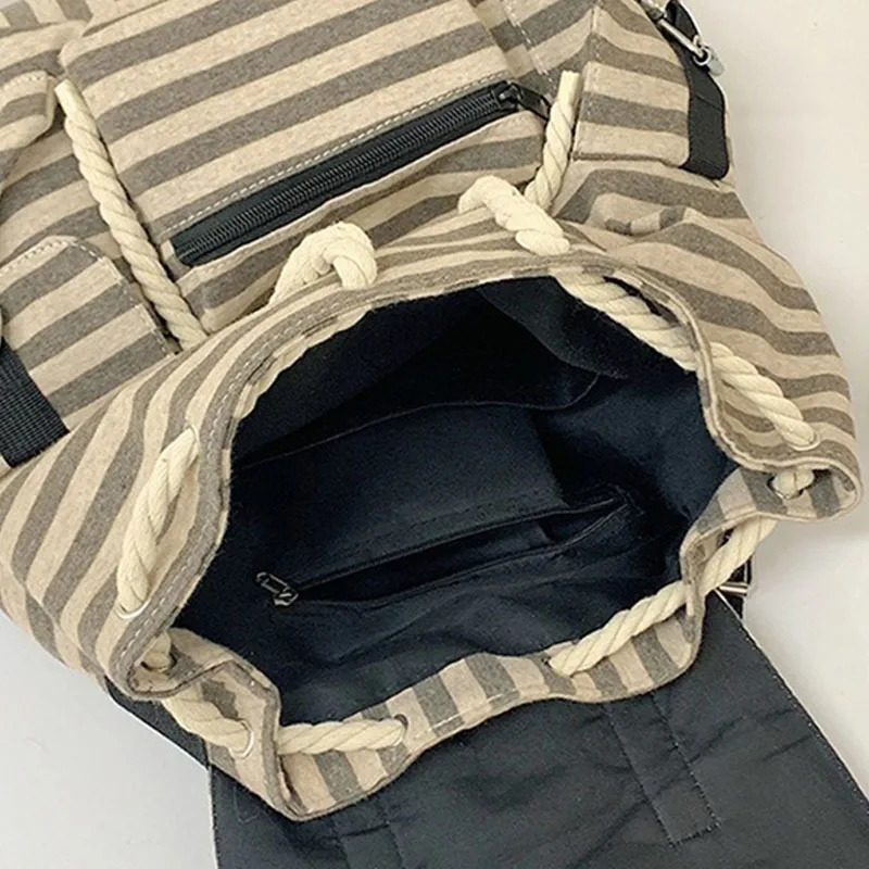 Korean Style Vintage Striped Backpack Y2k Casual Drawstring Student Bags Large Capacity Versatile Tote Kpop Womens Bag y260615 - view 7