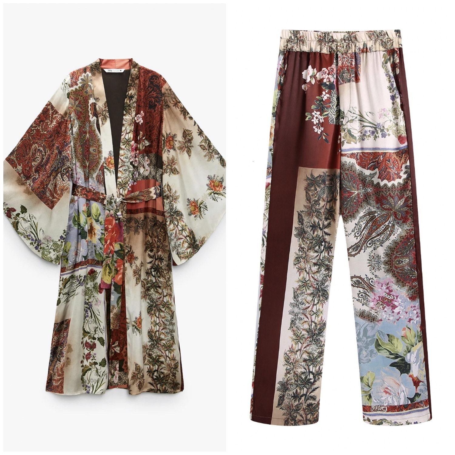 Summer womens patchwork print kimono top with belt straight-leg pants set 210609