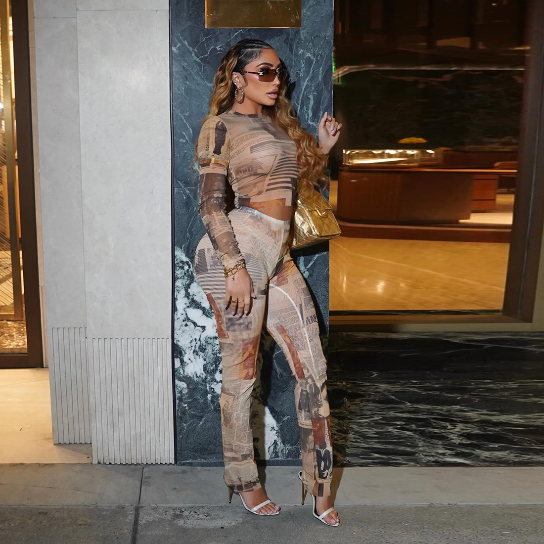Weird Puss Fashion Print Sexy See Through 2 Piece Set Women oNeck Full Sleeve Crop TopsStraight Flared Pants tie Streetwear 250829