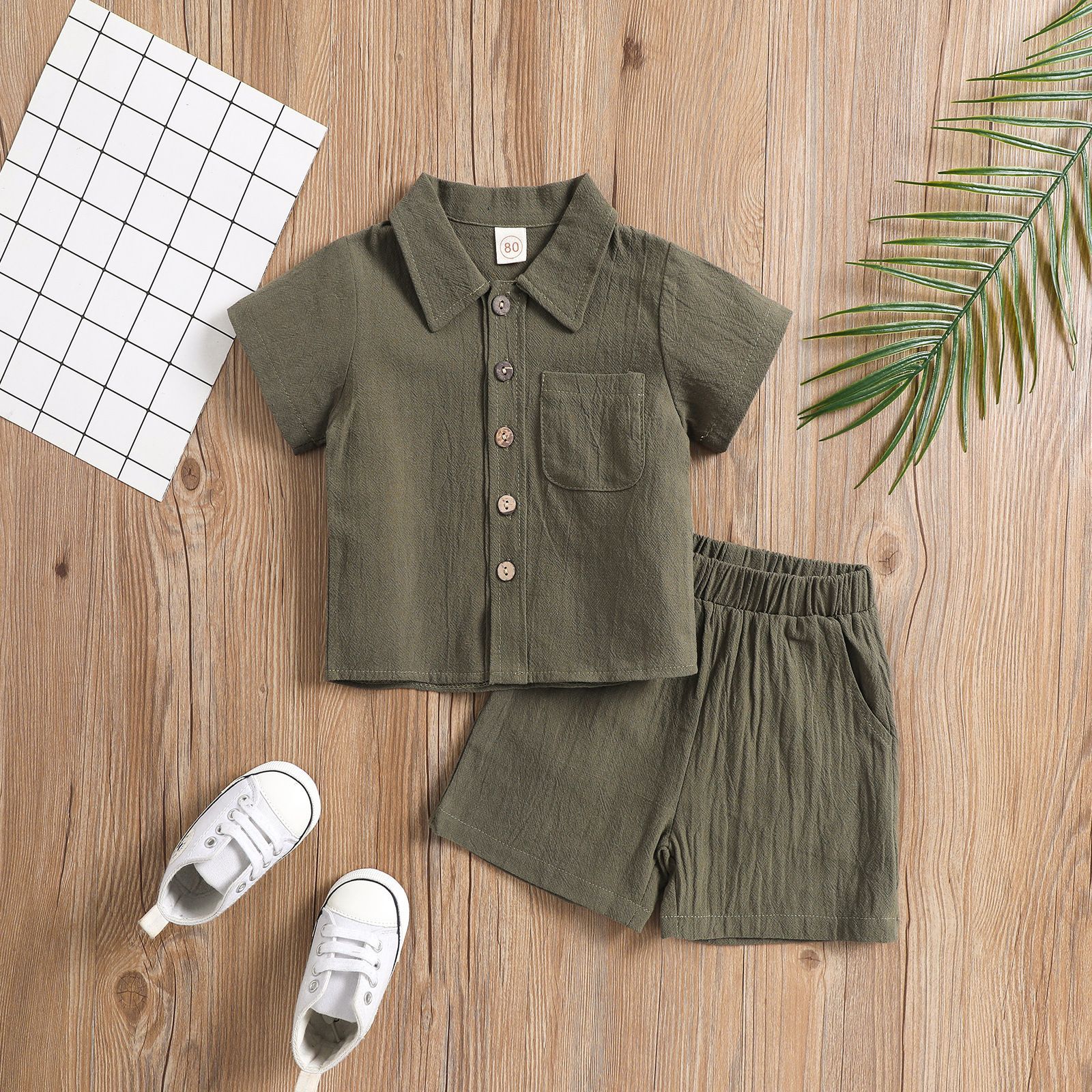 luxury kids clothing Summer Boys Linen Cotton Casual Set, Short Sleeve Lapel Polo Shirt & Shorts 2-Piece, Solid Color Toddler Outfit
