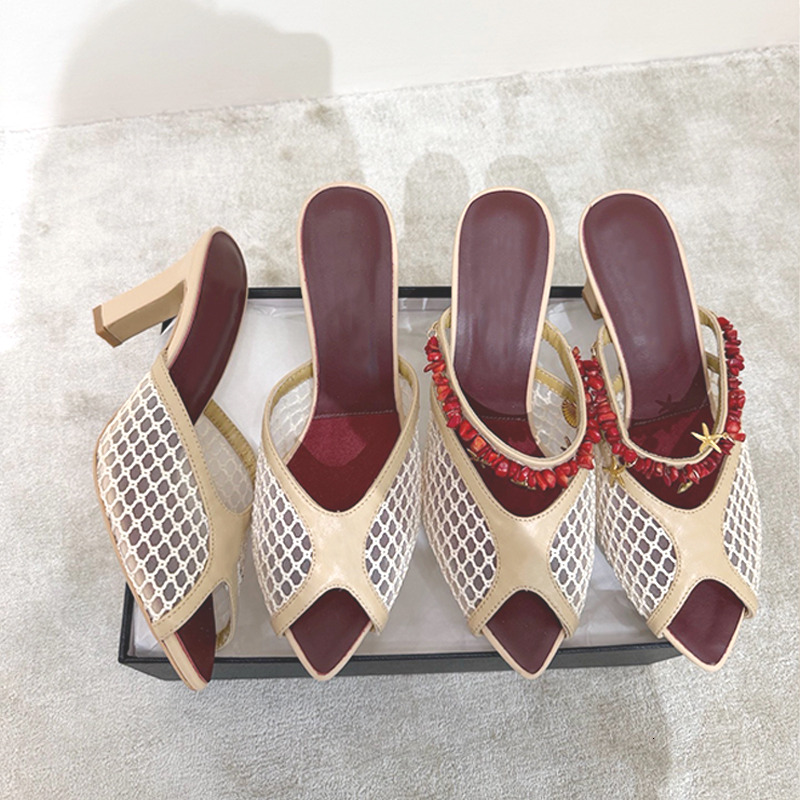 Hot Designer High Heels Mesh Peep Toe Slippers Clear Heel Sandals Sexy Lace Dress Shoes Rhinestones Letter Buckle Casual Summer Mules 1132