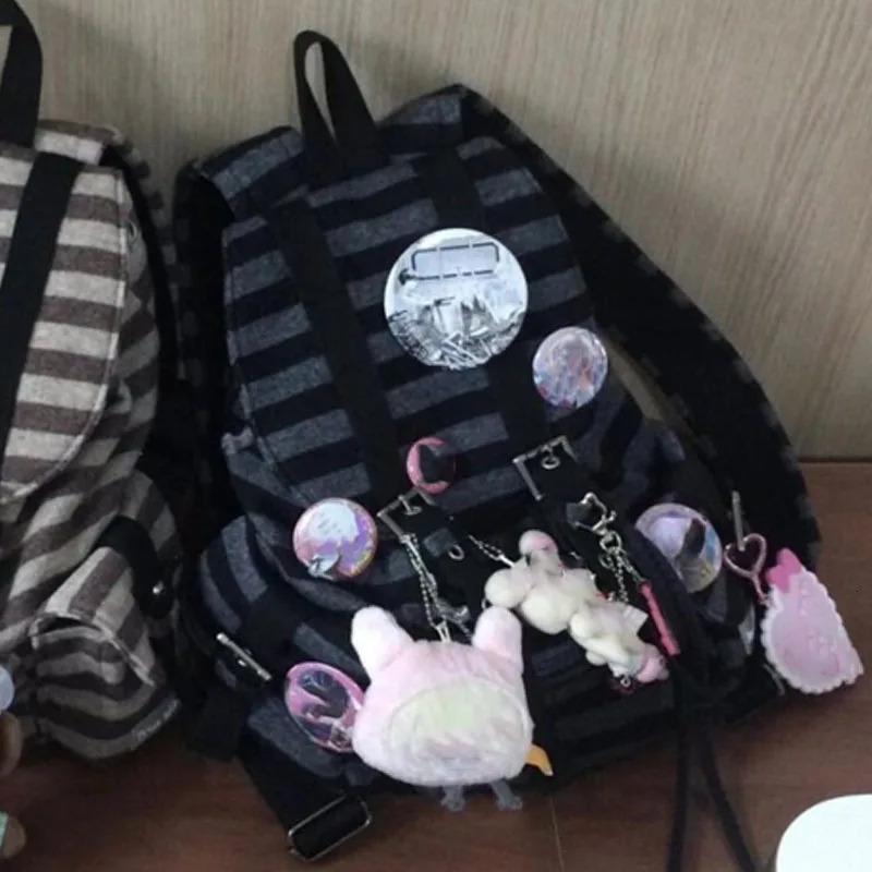 Korean Style Vintage Striped Backpack Y2k Casual Drawstring Student Bags Large Capacity Versatile Tote Kpop Womens Bag y260615 - view 3