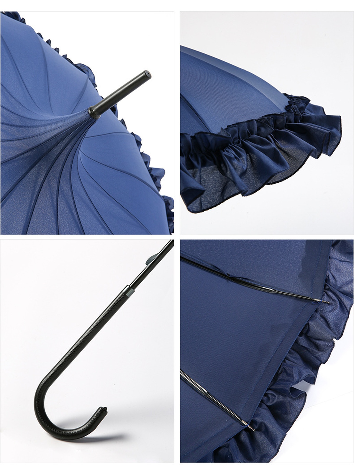 16 Ribs Frilly Ruffle Pagoda Umbrella, UPF50 Waterproof Straight Hook Handle Parasol Vintage Princess Sun Rain Umbrella for Wedding Photo & Daily Outd