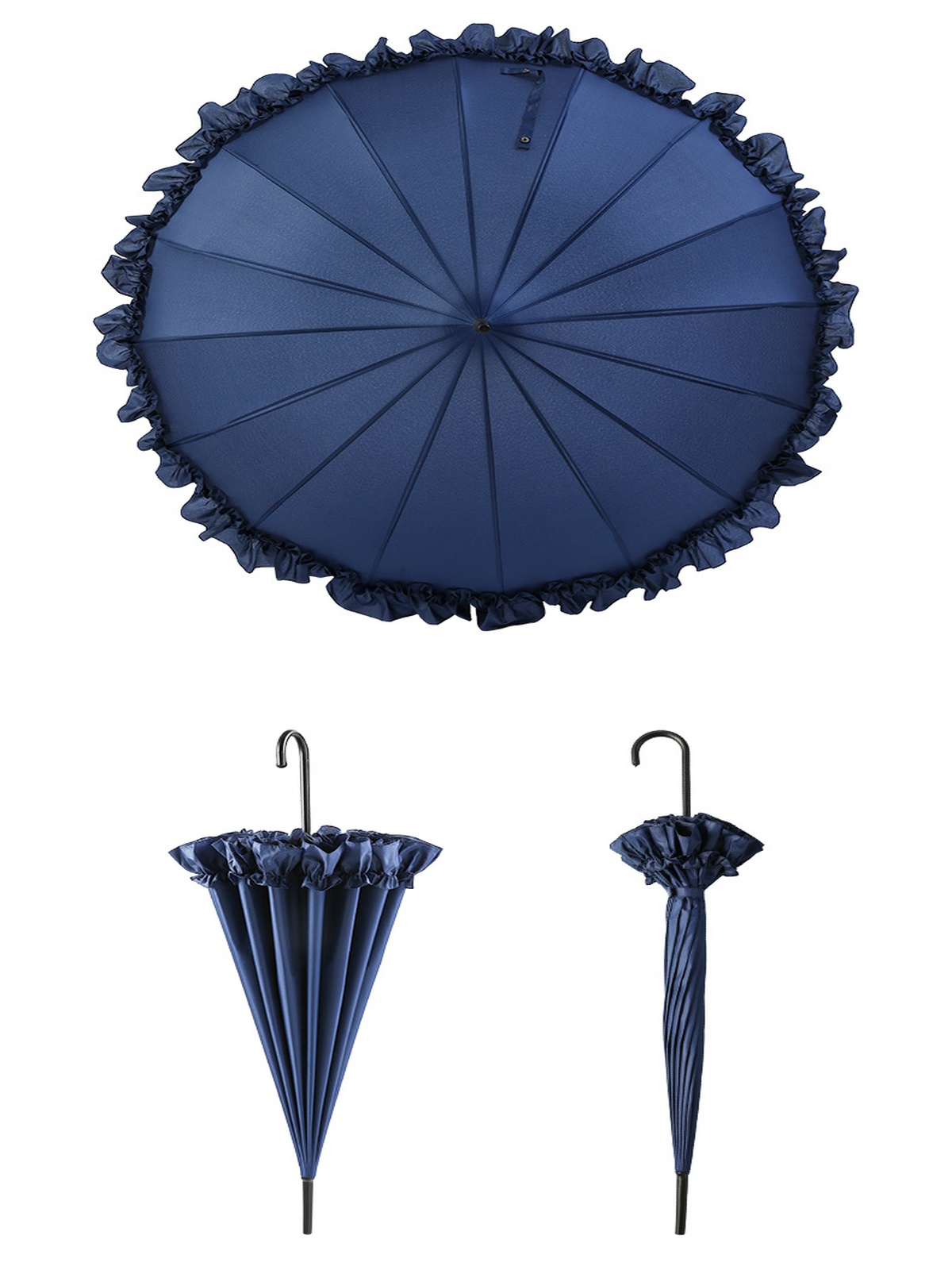 16 Ribs Frilly Ruffle Pagoda Umbrella, UPF50 Waterproof Straight Hook Handle Parasol Vintage Princess Sun Rain Umbrella for Wedding Photo & Daily Outd