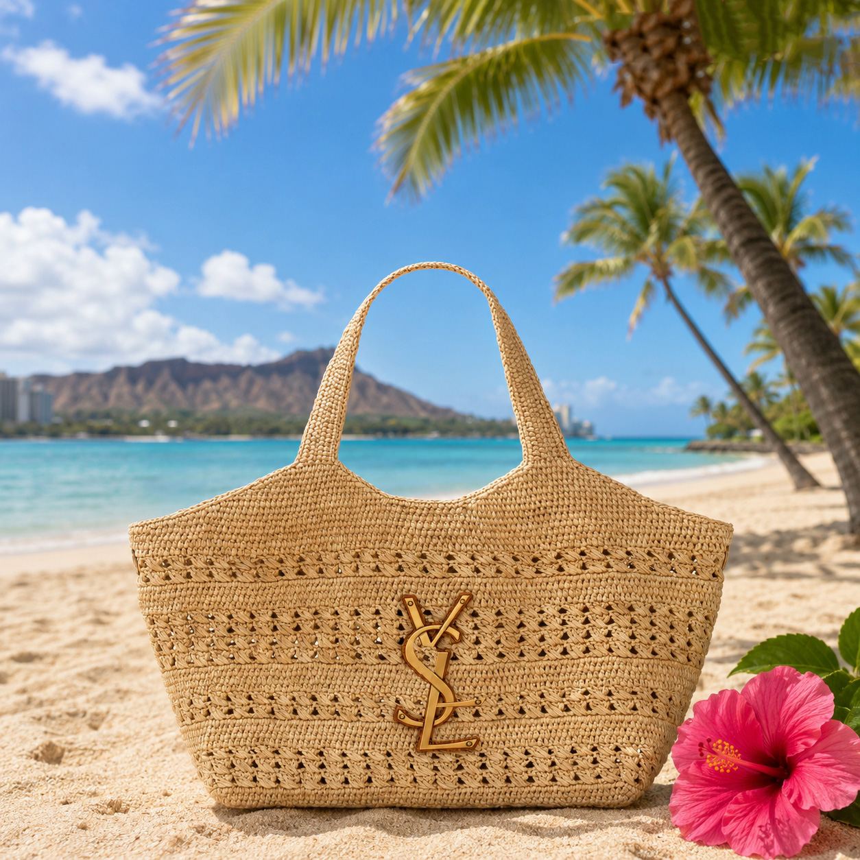ICARE Raffia Medium Handbag Beach Bag Woven Bag Designer Bag Tote Bag Large Capacity Shopping Bag Fashionable Shoulder Bag Women's Classic Handbag Summer Bag