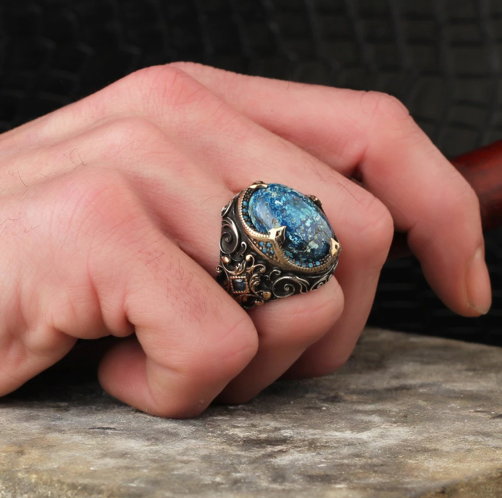 Artisan Inlaid Blue Carved Diamond Ring for Men Retro Jewelry Anniversary Gift 230804