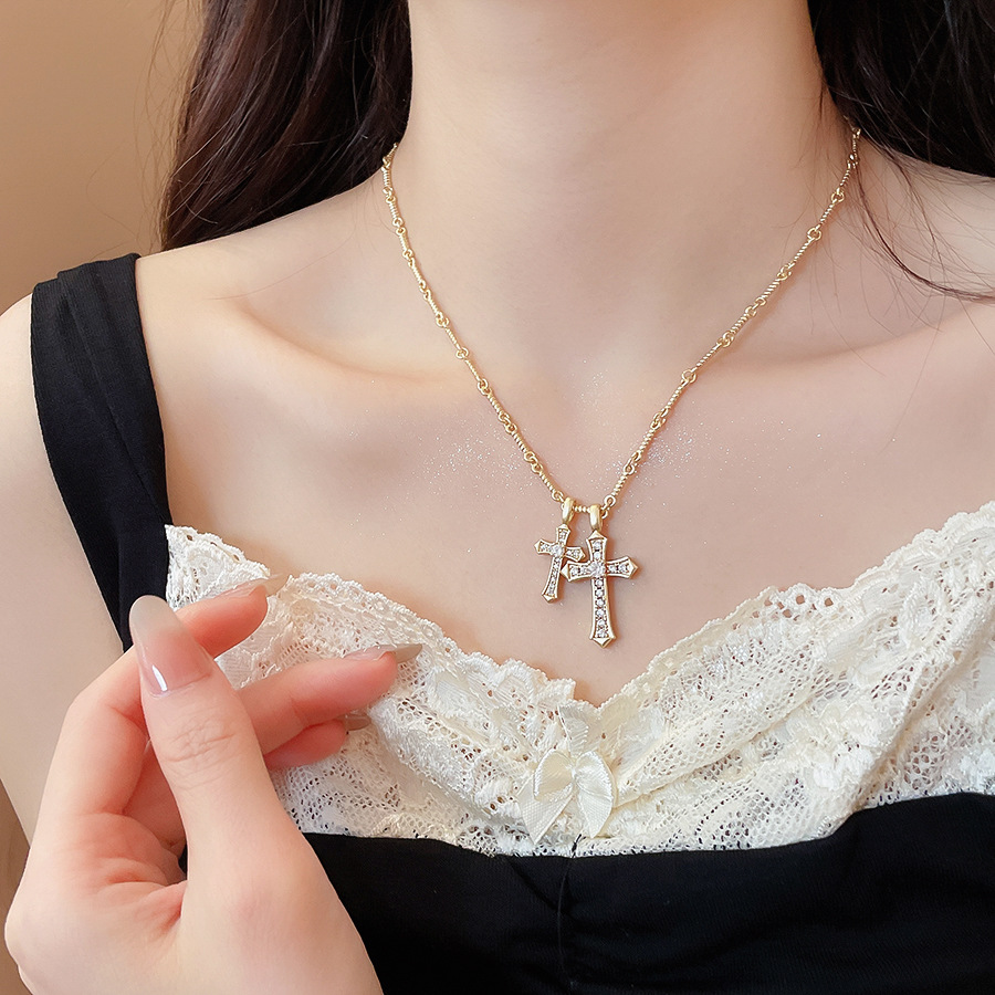 Vintage super shiny zircon cross necklace, fashionable light luxury collarbone chain, niche design choker for women - view 8