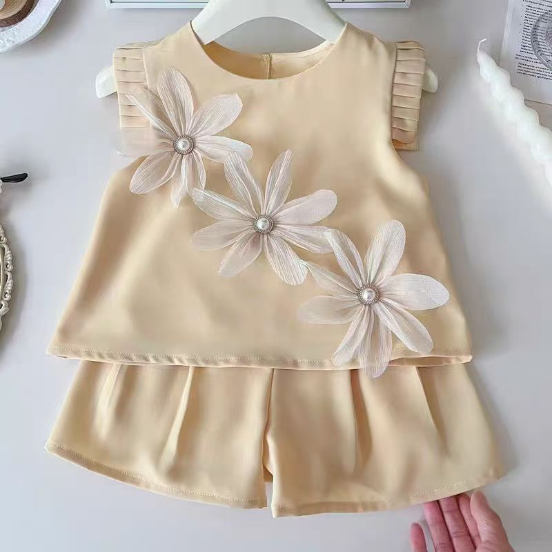 designer Kids Clothing 2026 Summer Girls Chic 3D Flower Flutter Sleeve Top & Shorts Set, Baby Girl Two-Piece Outfit