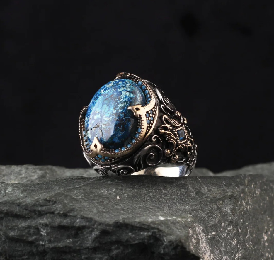 Artisan Inlaid Blue Carved Diamond Ring for Men Retro Jewelry Anniversary Gift 230804