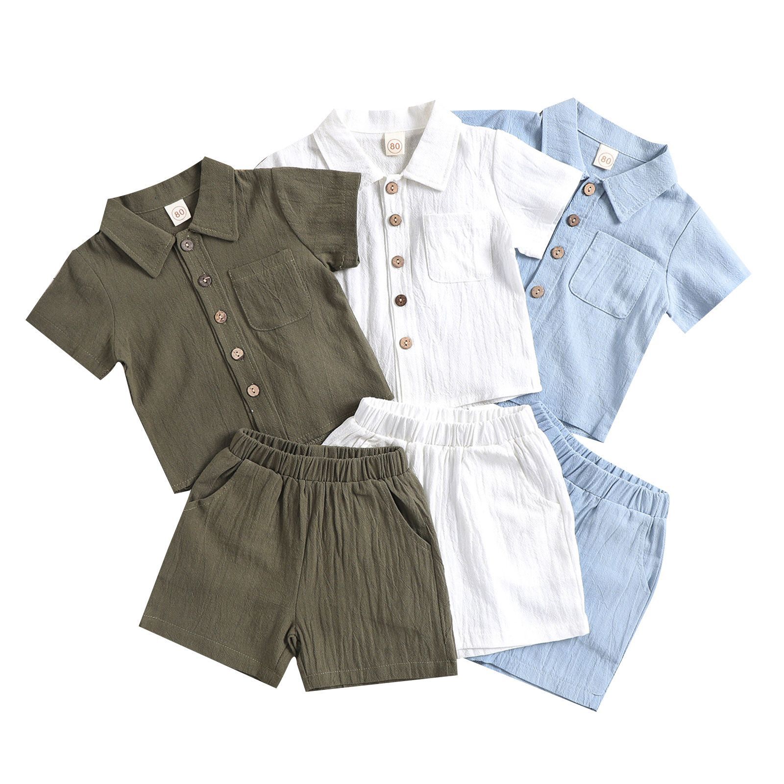 luxury kids clothing Summer Boys Linen Cotton Casual Set, Short Sleeve Lapel Polo Shirt & Shorts 2-Piece, Solid Color Toddler Outfit