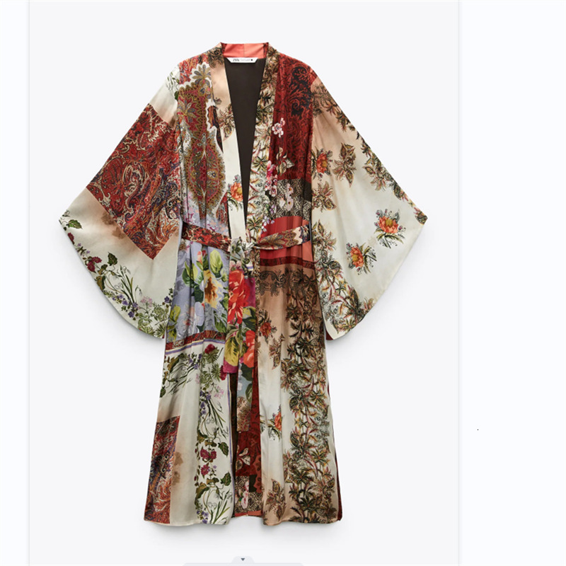 Summer womens patchwork print kimono top with belt straight-leg pants set 210609
