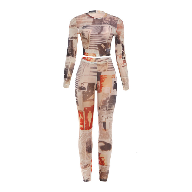 Weird Puss Fashion Print Sexy See Through 2 Piece Set Women oNeck Full Sleeve Crop TopsStraight Flared Pants tie Streetwear 250829