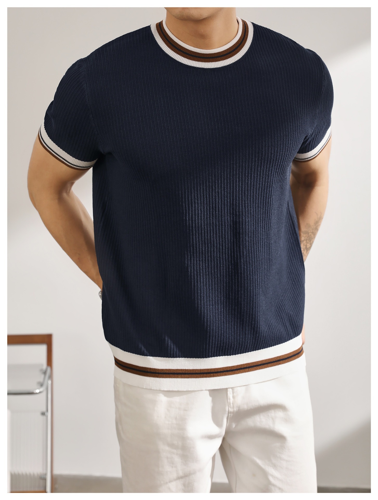 Luxury Brand Designer Men Premium Striped Trim Knit Crew Neck Short Sleeve T Shirt 2026 Spring and Summer Smart Casual Breathable Versatile Innerwear  - view 5