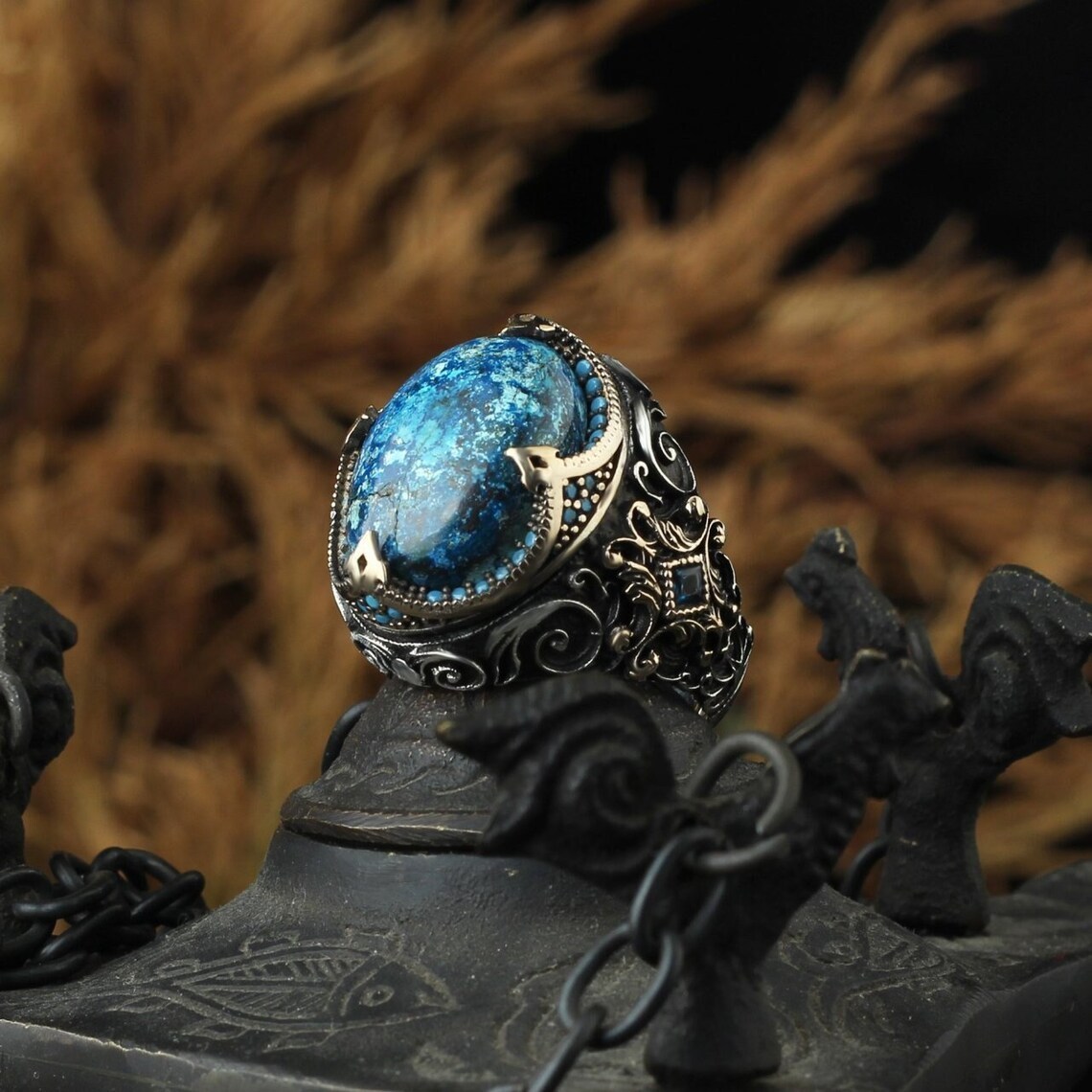Artisan Inlaid Blue Carved Diamond Ring for Men Retro Jewelry Anniversary Gift 230804