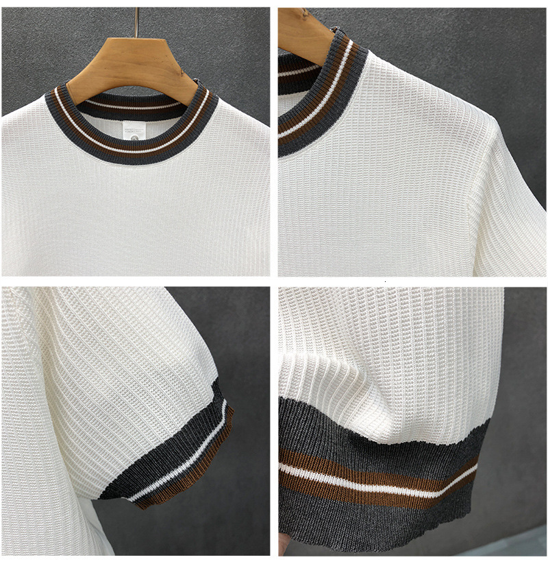 Luxury Brand Designer Men Premium Striped Trim Knit Crew Neck Short Sleeve T Shirt 2026 Spring and Summer Smart Casual Breathable Versatile Innerwear  - view 8