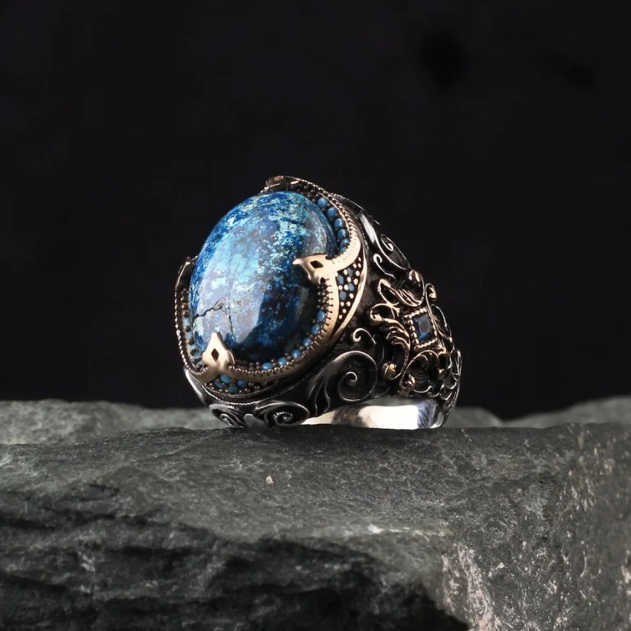 Artisan Inlaid Blue Carved Diamond Ring for Men Retro Jewelry Anniversary Gift 230804