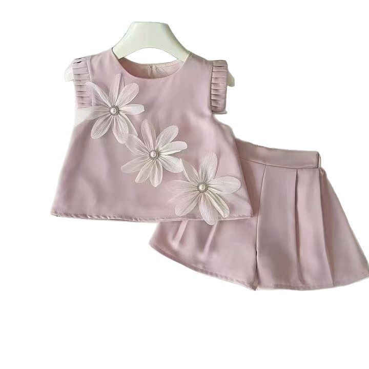 designer Kids Clothing 2026 Summer Girls Chic 3D Flower Flutter Sleeve Top & Shorts Set, Baby Girl Two-Piece Outfit