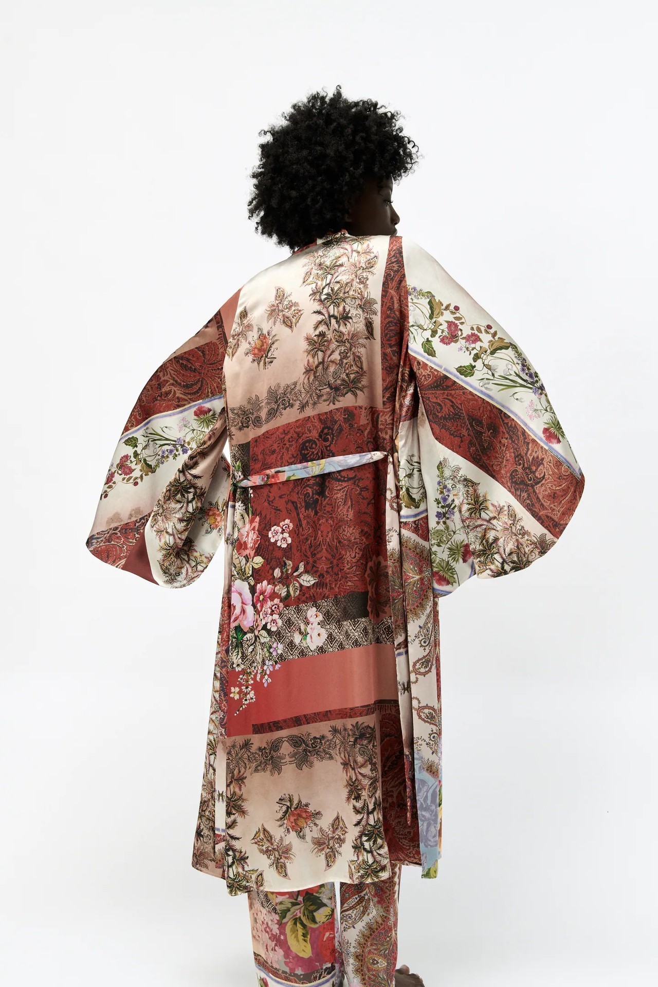 Summer womens patchwork print kimono top with belt straight-leg pants set 210609
