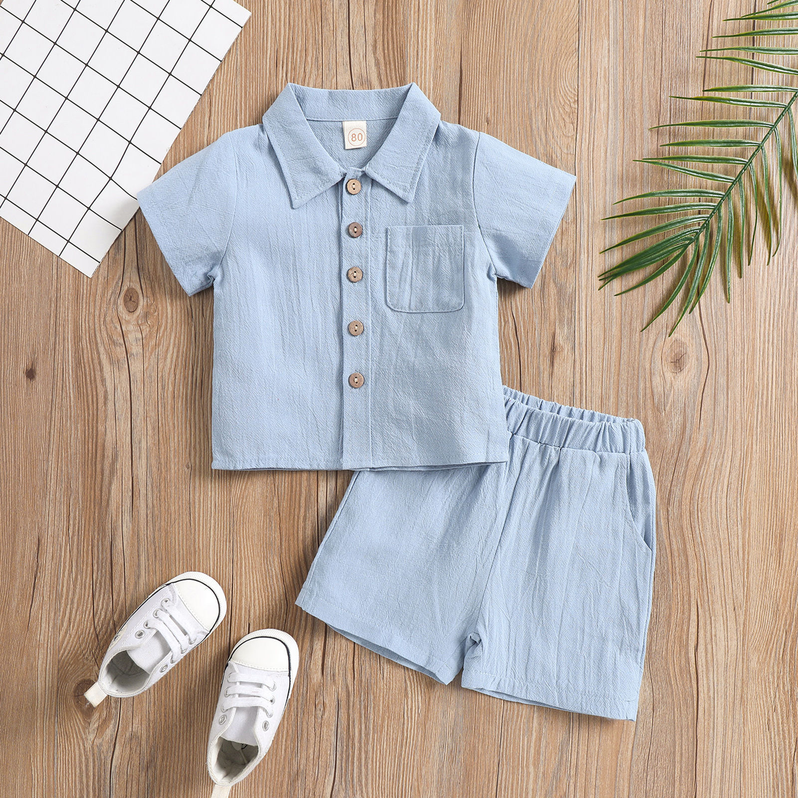 luxury kids clothing Summer Boys Linen Cotton Casual Set, Short Sleeve Lapel Polo Shirt & Shorts 2-Piece, Solid Color Toddler Outfit