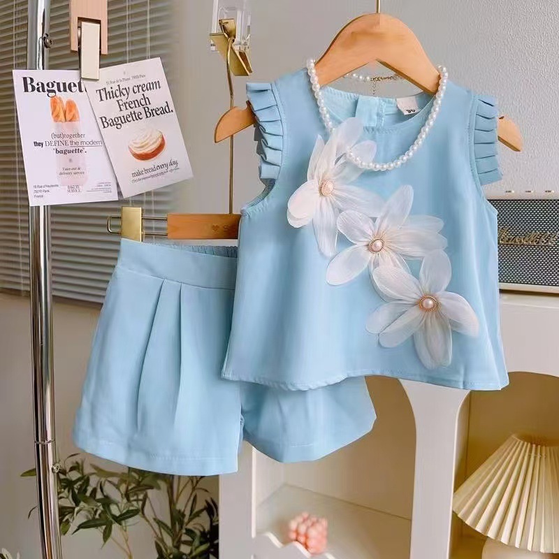 designer Kids Clothing 2026 Summer Girls Chic 3D Flower Flutter Sleeve Top & Shorts Set, Baby Girl Two-Piece Outfit