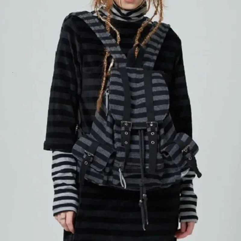 Korean Style Vintage Striped Backpack Y2k Casual Drawstring Student Bags Large Capacity Versatile Tote Kpop Womens Bag y260615 - view 4