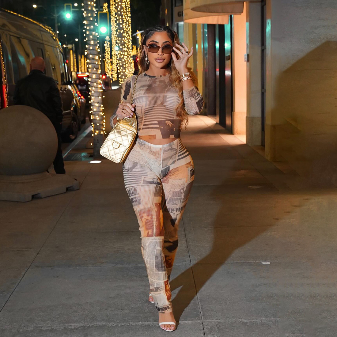 Weird Puss Fashion Print Sexy See Through 2 Piece Set Women oNeck Full Sleeve Crop TopsStraight Flared Pants tie Streetwear 250829