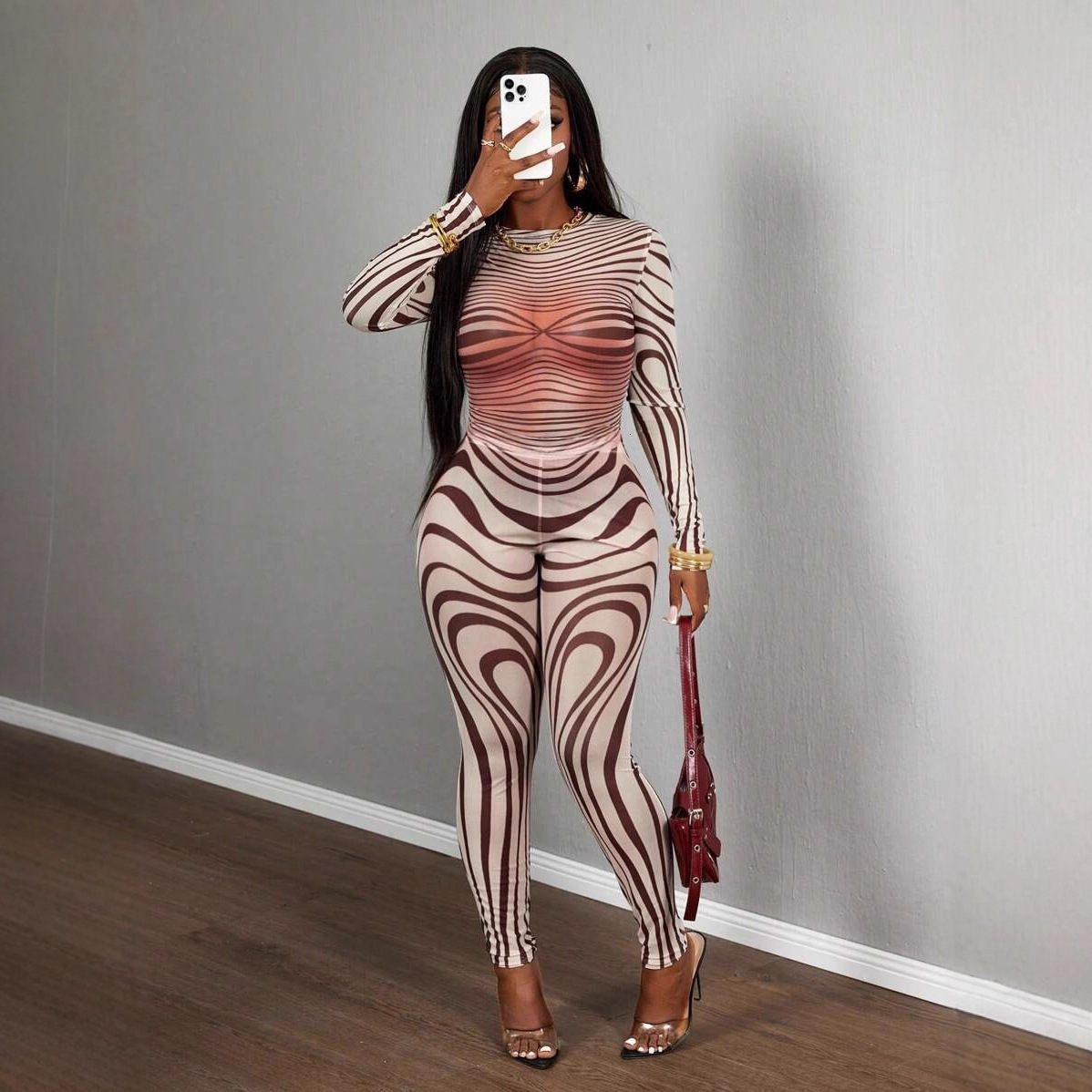 2025 Womens Casual Street Style Sexy SemiTransparent SlimFit LongSleeve Top and Pants 250425