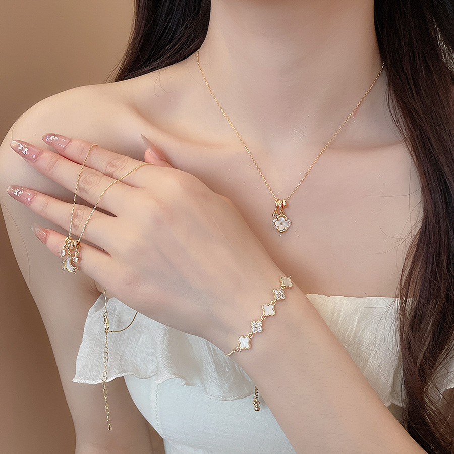 18k real gold plated zircon mother-of-pearl lucky flower necklace and bracelet set for women, niche high-end designer jewelry - view 6