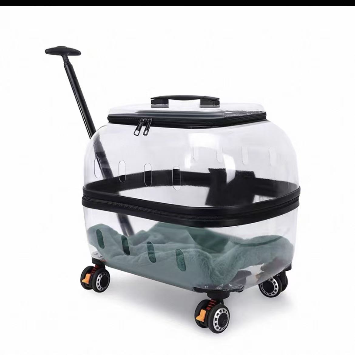 LBY Space Capsule Wheeled Cat Carrier, Transparent Breathable Rolling Pet Trolley with Telescopic Pull Rod