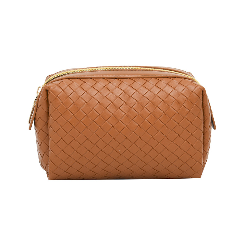cosmetic bag designer 2026 New Woven Texture Cosmetic Bag, Portable High-End Leather Handbag, Small Soft Makeup Organizer Pouch