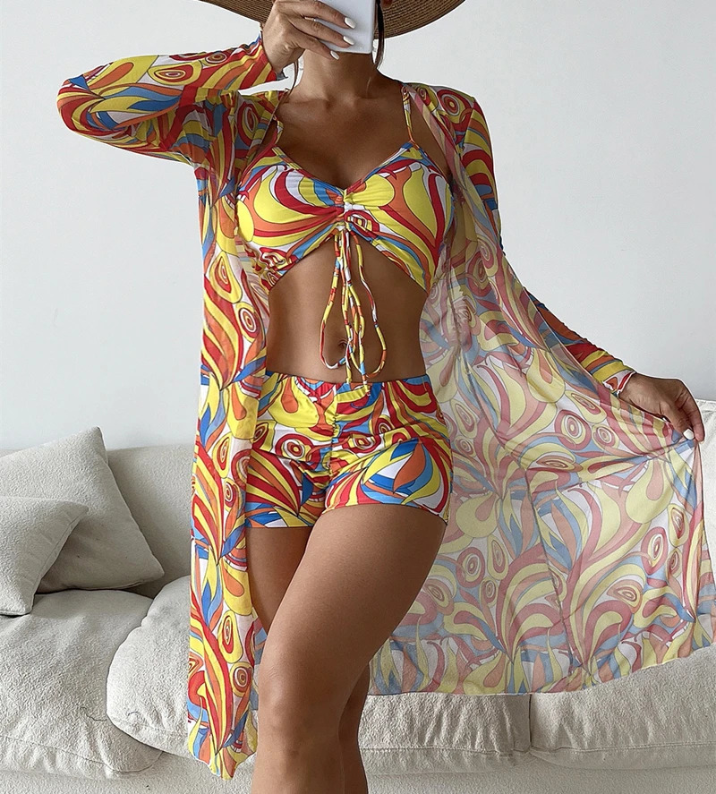 Womens 3 Pieces Swimsuit Allover Print TankiniLong Gauze Coat CoverUp Swimwear High Waist Shorts Bathing Suit Beachwear 260611 - view 4