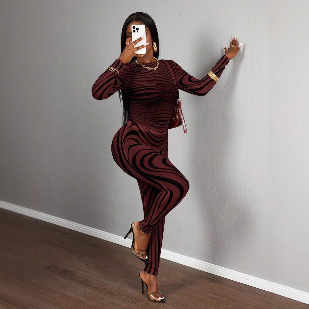 2025 Womens Casual Street Style Sexy SemiTransparent SlimFit LongSleeve Top and Pants 250425