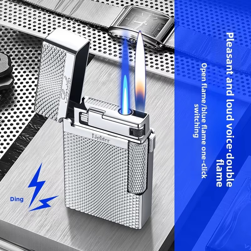 Luxury Ding Sound Dual Flame Lighter, Switchable Soft Flame & Windproof Jet Torch, Refillable Zinc Alloy Side Wheel Cigarette Lighter Gift for Men Who - view 5