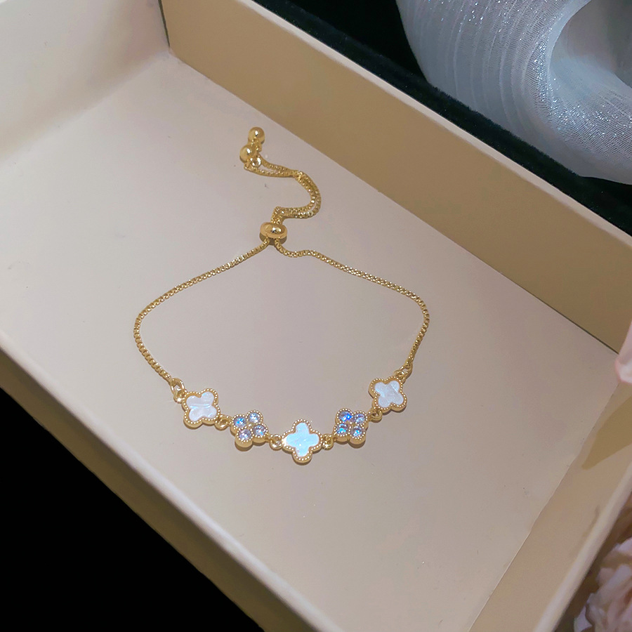 18k real gold plated zircon mother-of-pearl lucky flower necklace and bracelet set for women, niche high-end designer jewelry - view 7