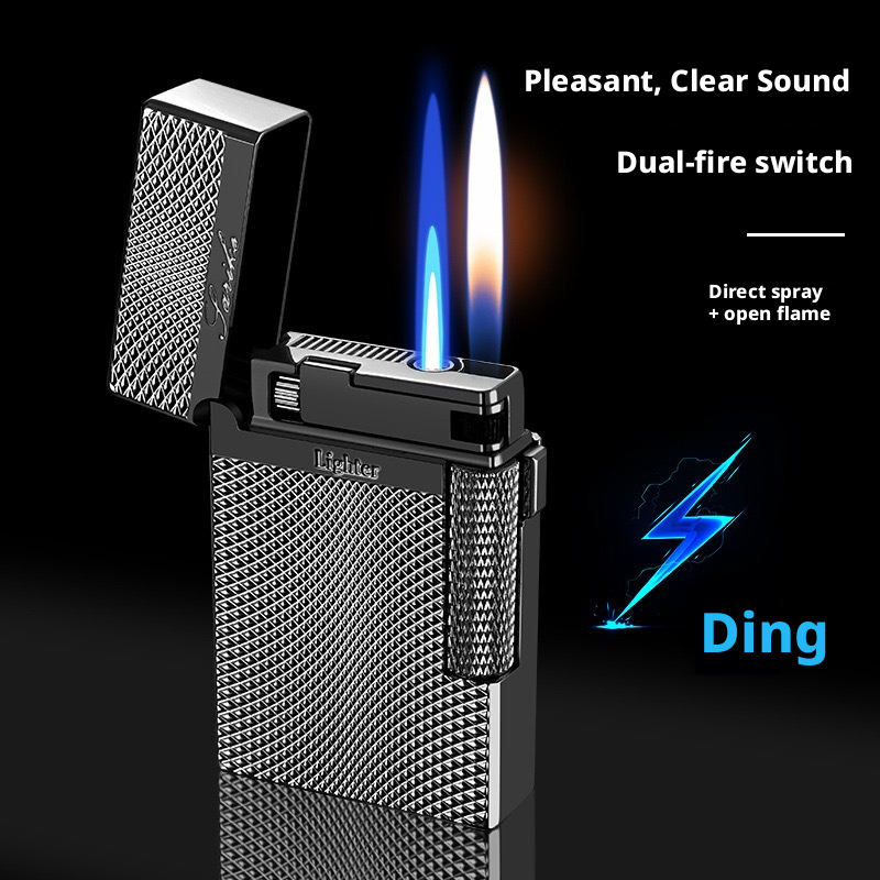 Luxury Ding Sound Dual Flame Lighter, Switchable Soft Flame & Windproof Jet Torch, Refillable Zinc Alloy Side Wheel Cigarette Lighter Gift for Men Who - view 4