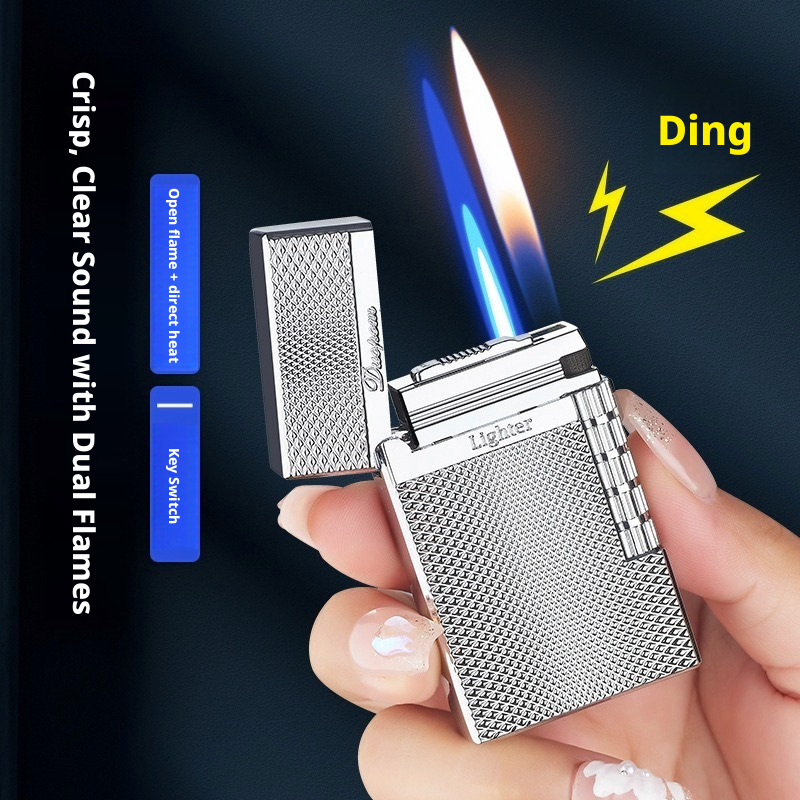Luxury Ding Sound Dual Flame Lighter, Switchable Soft Flame & Windproof Jet Torch, Refillable Zinc Alloy Side Wheel Cigarette Lighter Gift for Men Who - view 3