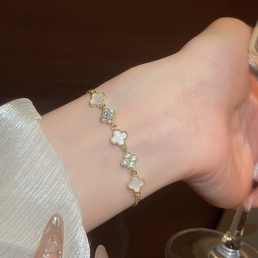 18k real gold plated zircon mother-of-pearl lucky flower necklace and bracelet set for women, niche high-end designer jewelry - view 3