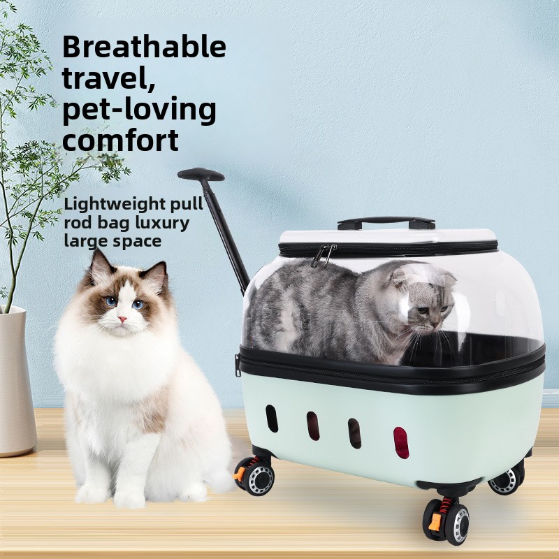 LBY Space Capsule Rolling Cat Carrier with Wheels, Telescopic Pull Rod Pet Trolley, Large Space Breathable Transparent Dog Travel Crate for Outdoor Wa