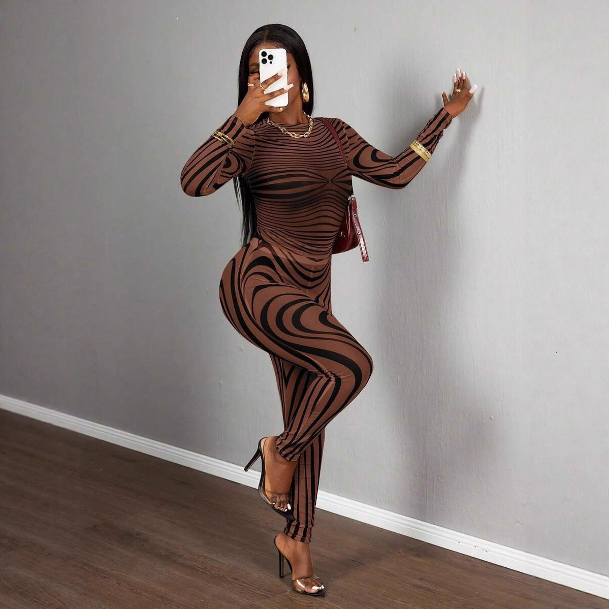 2025 Womens Casual Street Style Sexy SemiTransparent SlimFit LongSleeve Top and Pants 250425