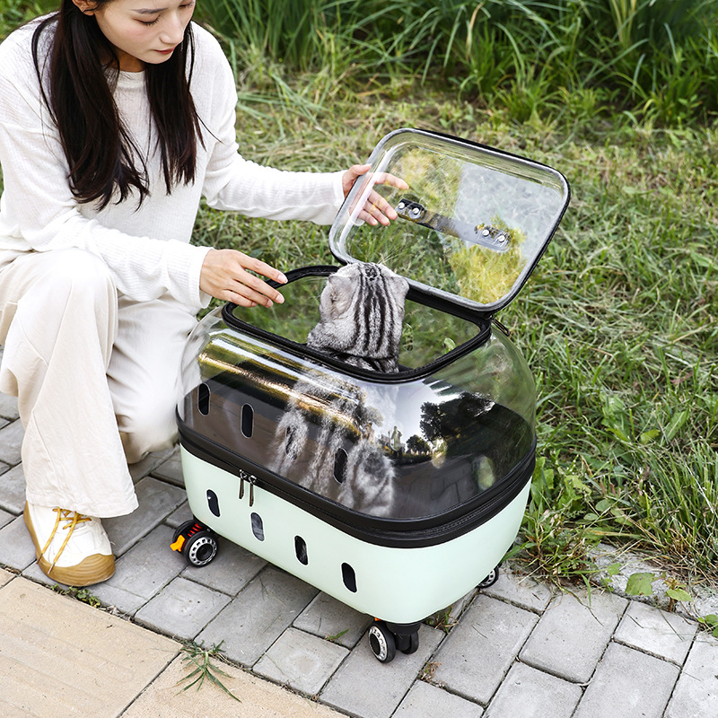 LBY Space Capsule Rolling Cat Carrier with Wheels, Telescopic Pull Rod Pet Trolley, Large Space Breathable Transparent Dog Travel Crate for Outdoor Wa