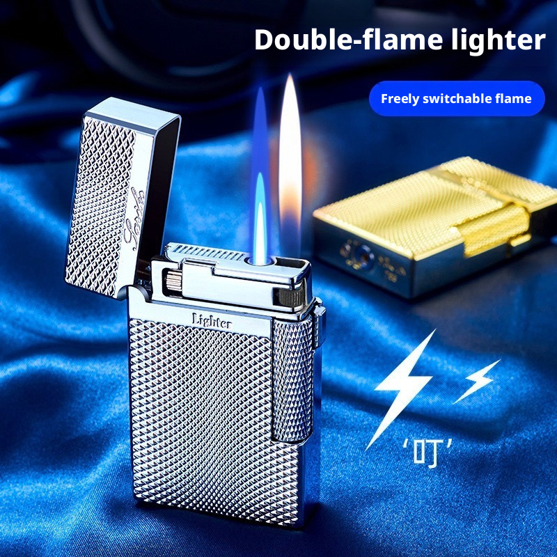 Luxury Ding Sound Dual Flame Lighter, Switchable Soft Flame & Windproof Jet Torch, Refillable Zinc Alloy Side Wheel Cigarette Lighter Gift for Men Who