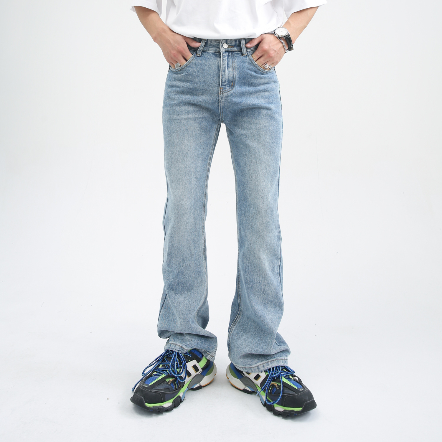 Vintage American Style Versatile Micro-flared Jeans Casual Distressed Zippered Trousers Trendy Streetwear For Men Women 240821
