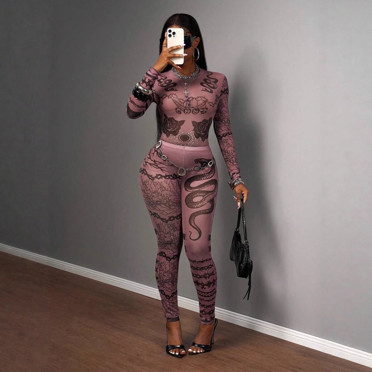 2025 Womens Casual Street Style Sexy SemiTransparent SlimFit LongSleeve Top and Pants 250425