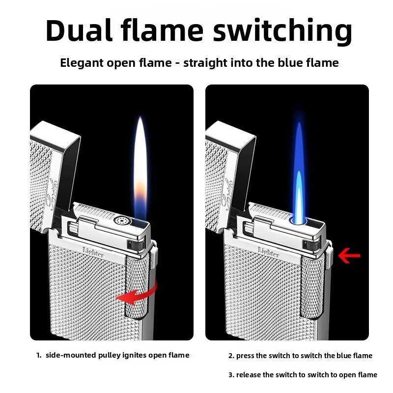 Luxury Ding Sound Dual Flame Lighter, Switchable Soft Flame & Windproof Jet Torch, Refillable Zinc Alloy Side Wheel Cigarette Lighter Gift for Men Who - view 6