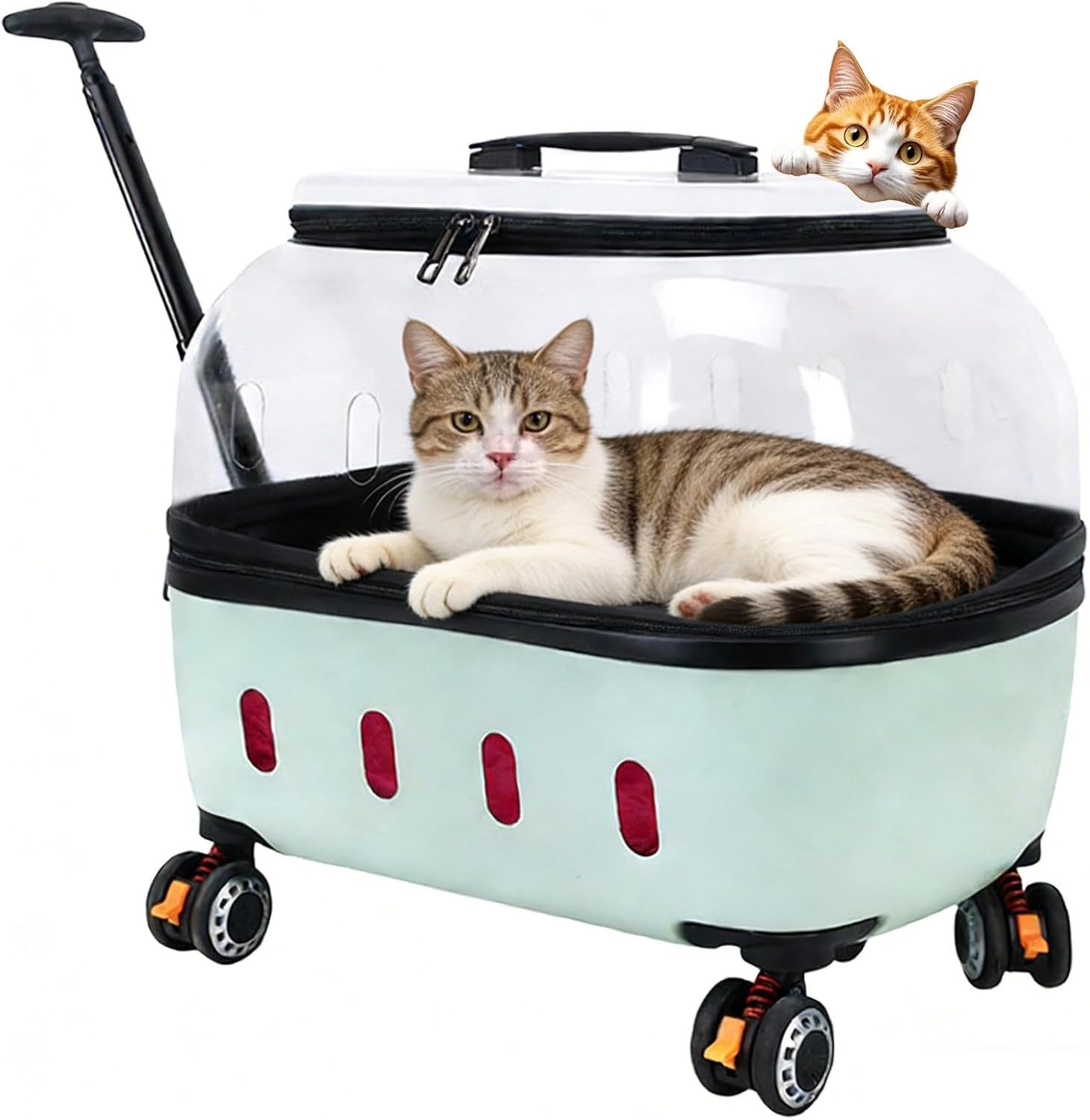 LBY Space Capsule Rolling Cat Carrier with Wheels, Telescopic Pull Rod Pet Trolley, Large Space Breathable Transparent Dog Travel Crate for Outdoor Wa