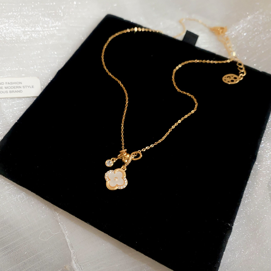 18k real gold plated zircon mother-of-pearl lucky flower necklace and bracelet set for women, niche high-end designer jewelry - view 9