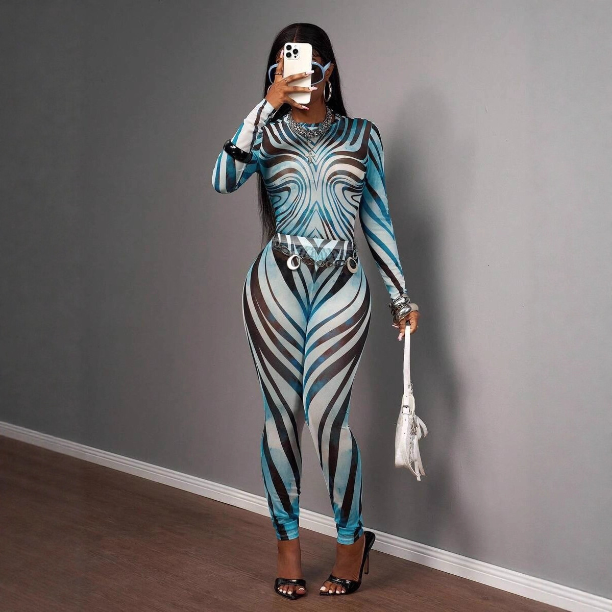 2025 Womens Casual Street Style Sexy SemiTransparent SlimFit LongSleeve Top and Pants 250425
